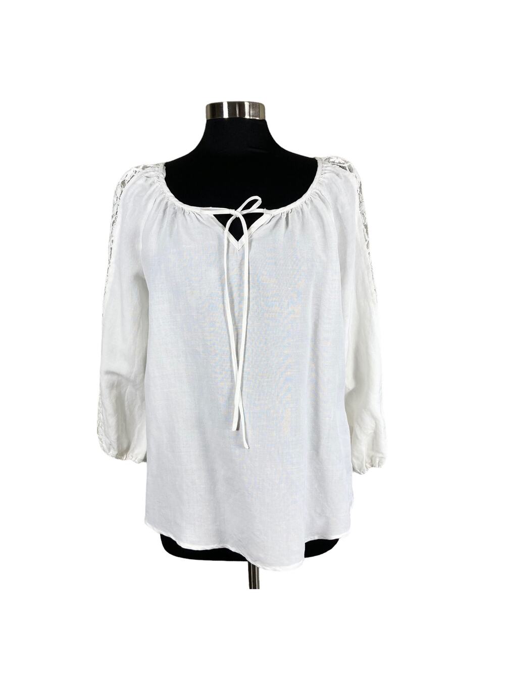 Valerie Stevens White‎ Linen Blend Top Womens LG Lace Insets Cottagecore Prairie